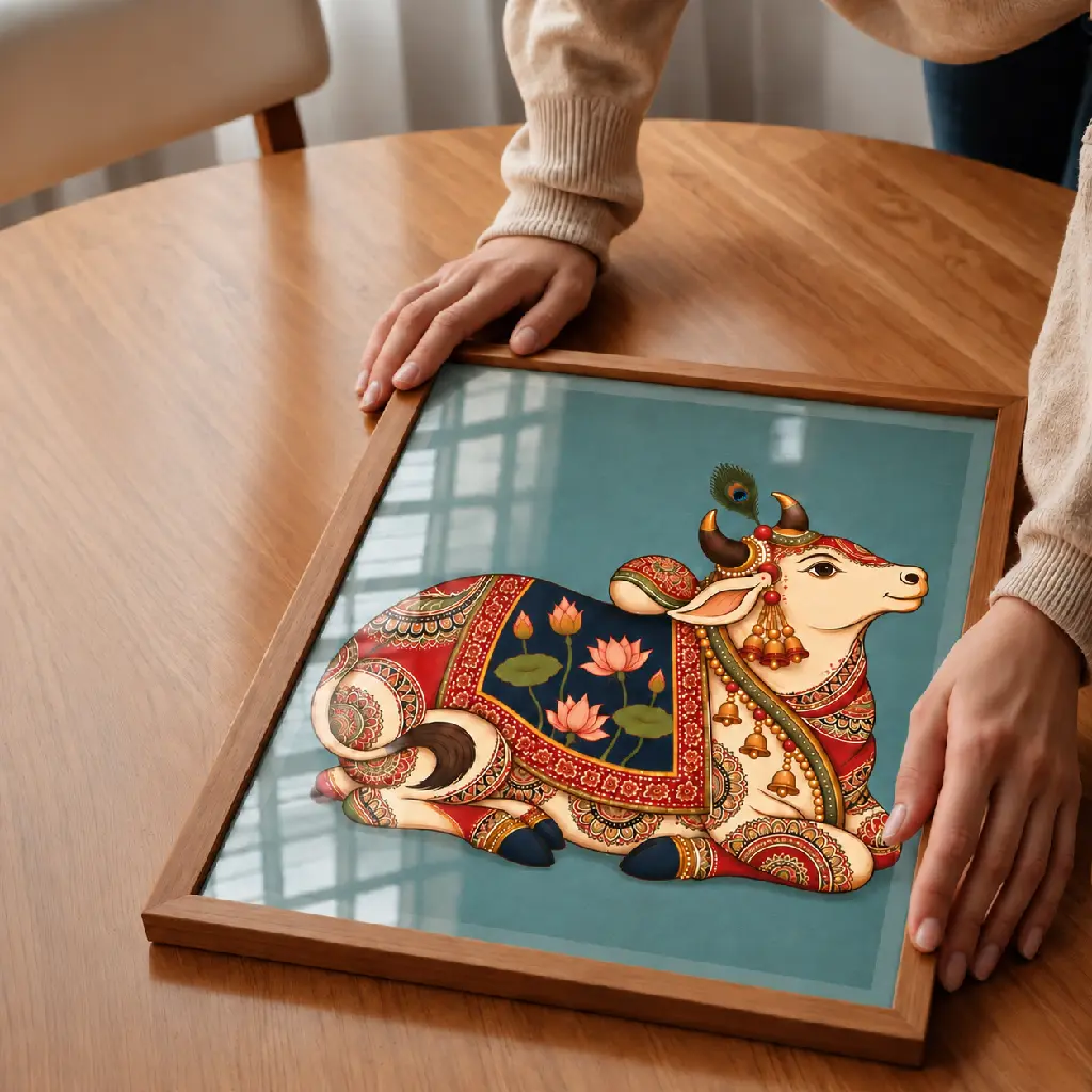 Decorated Cow Artwork on Wooden Table.webp